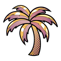 Pop art palm tree illustration with pink and yellow colors, isolated vector image on transparent background