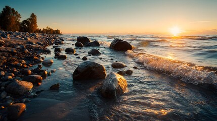 Exquisite narrative capturing a serene coastal sunset where the artful interplay of light, water, and natural stone textures creates a vision of peaceful elegance