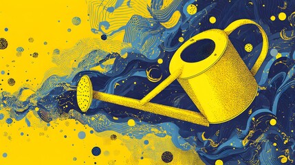 Dynamic Endless Watering Can with Continuous Fluid Pouring Rendered in Vibrant Yellow Vector Style on a Lively and Engaging Background
