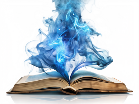  magic book with blue magical smoke isolated on white background PNG, AI GENERATED