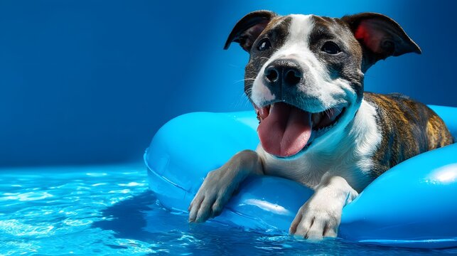 Exuberant summer canine on a blue inflatable pool float capturing the spirit of joyful vacation days on a radiant blue backdrop