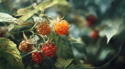 Intricate Watercolor Illustration of Salmonberries with Natural Wild Bush and Soft Morning Light Emphasizing Vibrant Botanical Details
