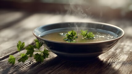 Hyper-realistic portrayal of a clear soup bowl garnished with fresh parsley on a rustic table bathed in soft morning light showcasing delicate textures and subtle steam.