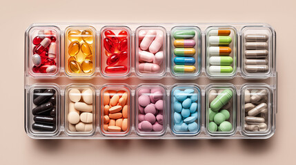 Weekly supplement organizer filled with colorful capsules and tablets on bright background, health routine and medication
