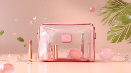 Artistic Digital Concept Illustration of a Trendy Pink Clear Plastic Zippered Pouch Featuring Organized Cosmetics and Travel Items with Minimalist and Pastel Aesthetic