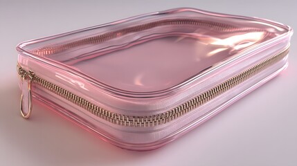 Intricate Digital Illustration of a Modern Pink Clear Plastic Zippered Pouch Designed for Cosmetics and Travel Essentials with Subtle Lighting and Professional Aesthetics