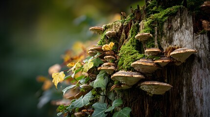 Intricately Detailed Polypores and Bracket Fungi Displaying Natural Decay on a Rustic Tree in Pishiobury Park