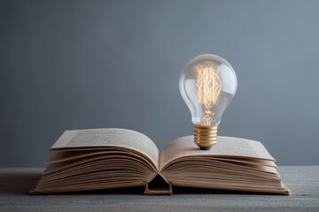 Open book placed on table with a glowing light bulb symbolizing knowledge and ideas in a modern study environment