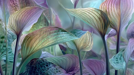 Surreal Botanical Scene Fusing the Transition of Hostas into Plantain Lilies with a Dreamlike, Detailed, and Ethereal Abstract Composition