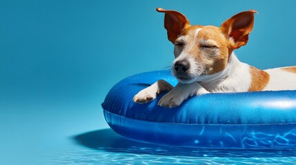 Delightful summer portrait featuring a joyful canine puppy on a striking blue inflatable accentuated by a calm blue backdrop exuding leisure and contentment
