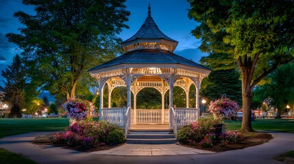 Intricate Octagonal Gazebo Structure Amidst a Serene Park with Turret Elements and Twilight Illumination Emphasizing Architectural Elegance