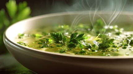 Artistic close-up depiction of a steaming clear soup bowl accentuated by evenly sprinkled vibrant fresh parsley, illuminated by natural lighting and rich textures.