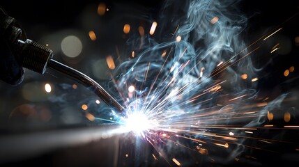 Detailed Close-Up Industrial Gas Metal Arc and MIG Welding Process with Dynamic Sparks, Light, and Smoke in High-Speed Operation