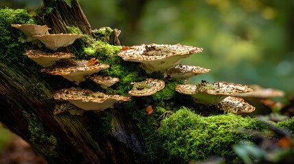 Intricately Detailed Polypores and Bracket Fungi Displaying Natural Decay on a Rustic Tree in Pishiobury Park