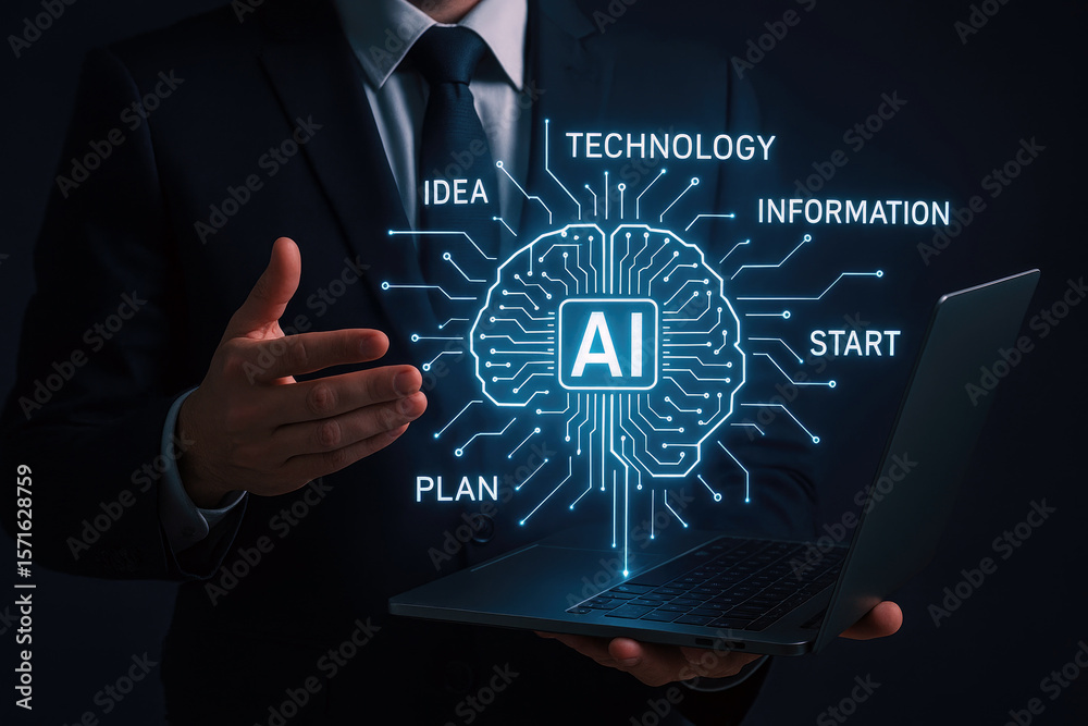 Poster man presenting holographic artificial intelligence brain with glowing circuits and text