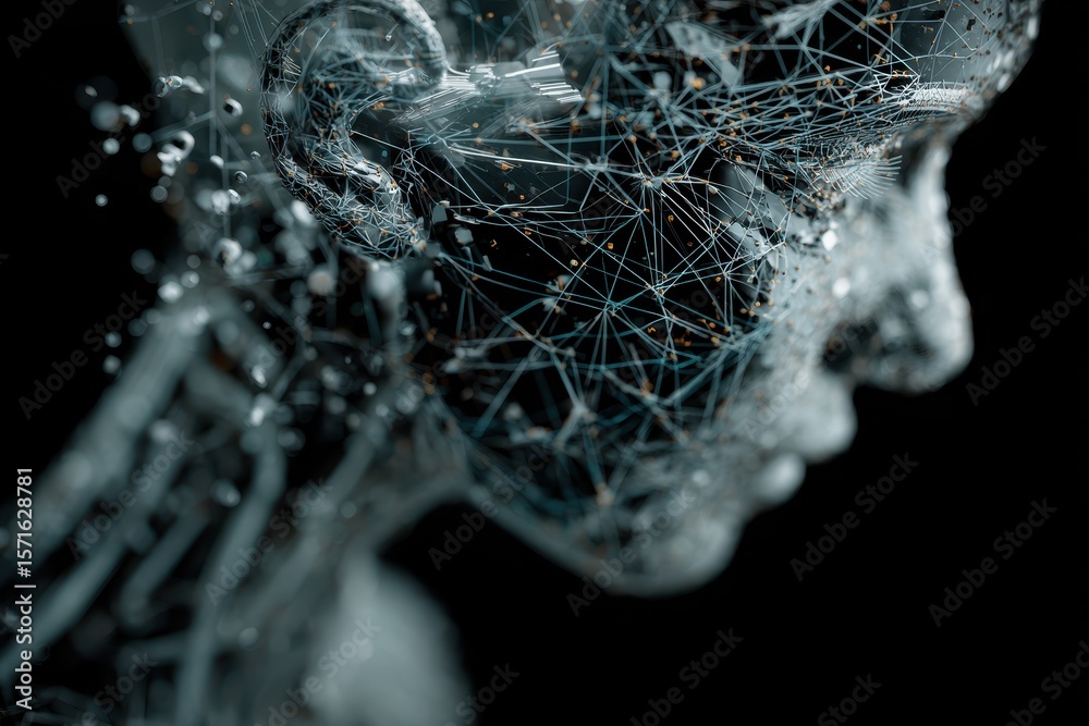 Poster human-like figure constructed from machine learning data visualization in a dark abstract setting