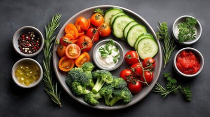 Colorful vegetable platter with cucumbers, carrots, broccoli and dip sauce, healthy plant-based diet and detox meal
