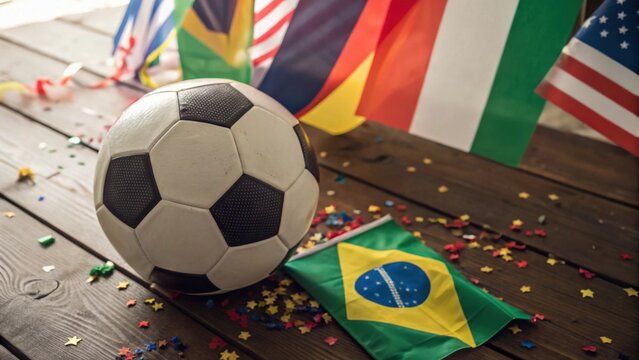 A soccer ball with international flags and confetti on a wooden surface celebrating the world cup