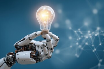 Robot hand holds a glowing light bulb symbolizing creativity and innovation in technology and science