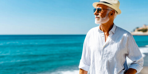 A portrait senior man with a white beard and straw hat on a sunny beach against vast blue ocean background in a clear day