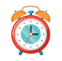 Classic alarm clock illustration with bold red hands and numbers isolated on white background