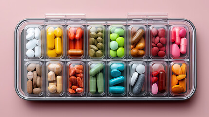 Colorful daily vitamin pills and supplements organized in weekly pill box on pastel pink background, healthcare and wellness
