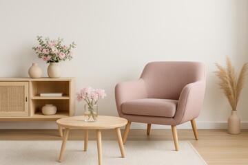 Fototapeta premium Pink Armchair With Flowers And Wood Cabinet wooden cabinet floral arrangement