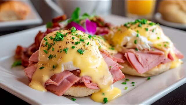 Delicious eggs benedict dish served with sliced ham, a creamy sauce, and garnished with fresh herbs.