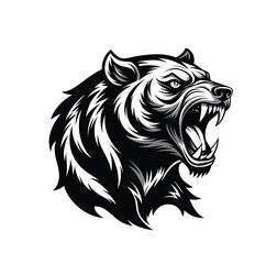 Powerful black and white illustration of a roaring lion s head isolated on white background