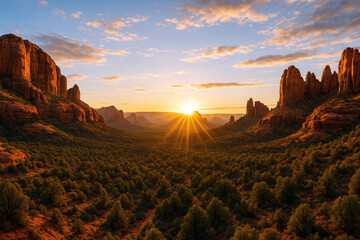 Sedona sunrise illuminates vast canyon with golden light Arizona desert