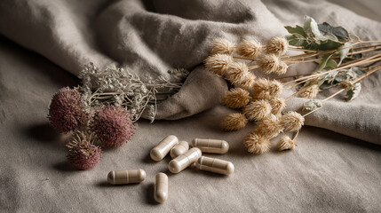 Natural supplement capsules on rustic linen cloth with soft lighting and dried floral decoration, organic wellness theme