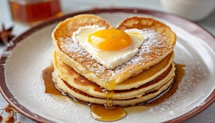 Pancakes heart-shaped arranged in a playful pattern, capturing the happiness of a morning breakfast