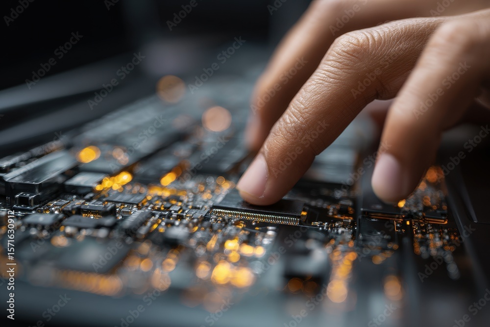 Poster hands of a software engineer coding on a laptop while focusing on intricate circuit details in a dim