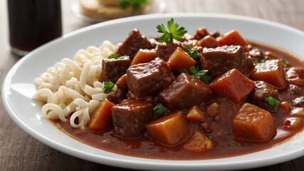 Fototapeta premium Delicious beef stew with cozy noodles and vegetables for comfort food lovers