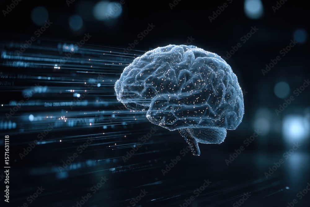 Poster digital representation of a brain with glowing neural connections and data streams, symbolizing adva