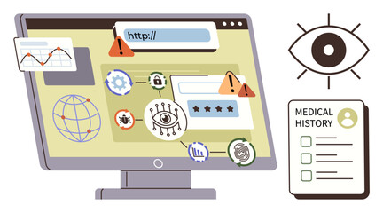 Computer screen with warning alerts, hackers icons, login fields, global web icon, eye surveillance graphic, and medical history document. Ideal for cybersecurity, privacy, data security healthcare