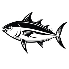 Stylized monochrome illustration featuring a tun fish or tuna fish isolated on white background