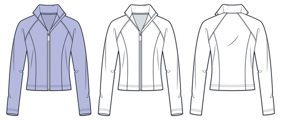 Zip-up fitted Jacket technical fashion illustration. Raglan Sleeve Jacket fashion flat technical drawing template, fitted, high collar, front, back view, white, lilac, women, men, unisex CAD mockup. © Liubov Hladka