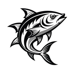 Intricate black and white tattoo style fish design with sharp lines isolated on white background
