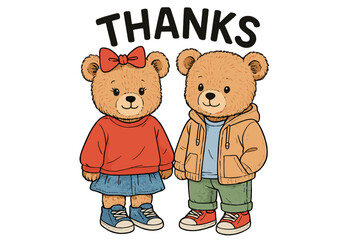 Two cute teddy bears expressing gratitude with cheerful expressions and stylish outfits in a simple, colorful design