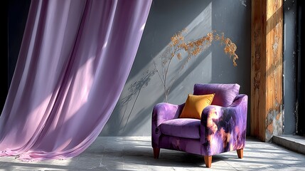 Purple armchair, sunlight, loft, drapes, interior design