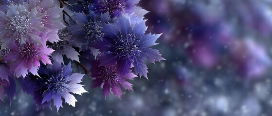 Purple fantasy flowers snowing background digital art