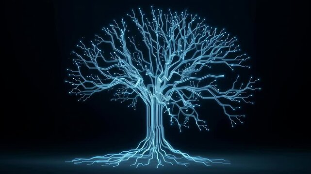 glowing circuit tree animation, blue neon light structure expanding from root to branches, metaphor for sustainable technology, clean black tech background