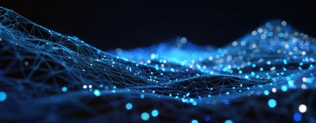 The digital network waves illuminated by glowing points of light in blue tones.