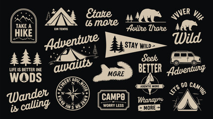Fototapeta premium Outdoor adventure badge set with camping quotes and forest illustrations. Perfect for t-shirt designs, stickers, travel gear, or hiking-themed merchandise
