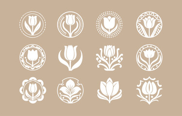 Collection of twelve elegant white tulip floral emblems and icons on a beige background