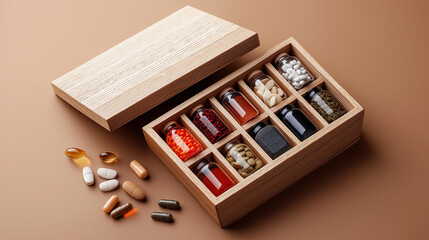 Wooden box with various traditional herbal medicine capsules and powders in separate compartments, natural remedy background