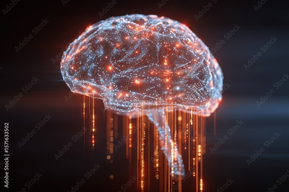 Poster digital representation of a brain with glowing connections showcasing neural networks and data flow 