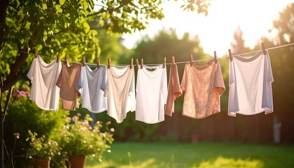 Clothes line with laundry in a garden at sunset
