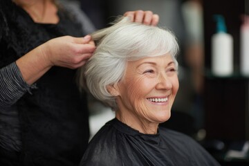 Senior mature woman enjoys her hair transformation at a modern salon during a sunny afternoon, experiencing pampering and personalized service from her stylist